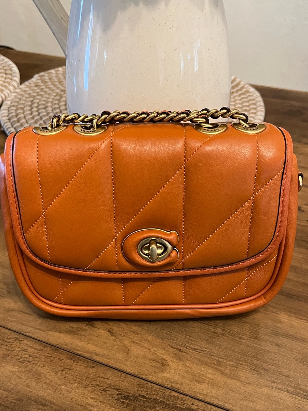 Coach Madison Quilted Orange Leather Shoulder Bag with Gold Chain